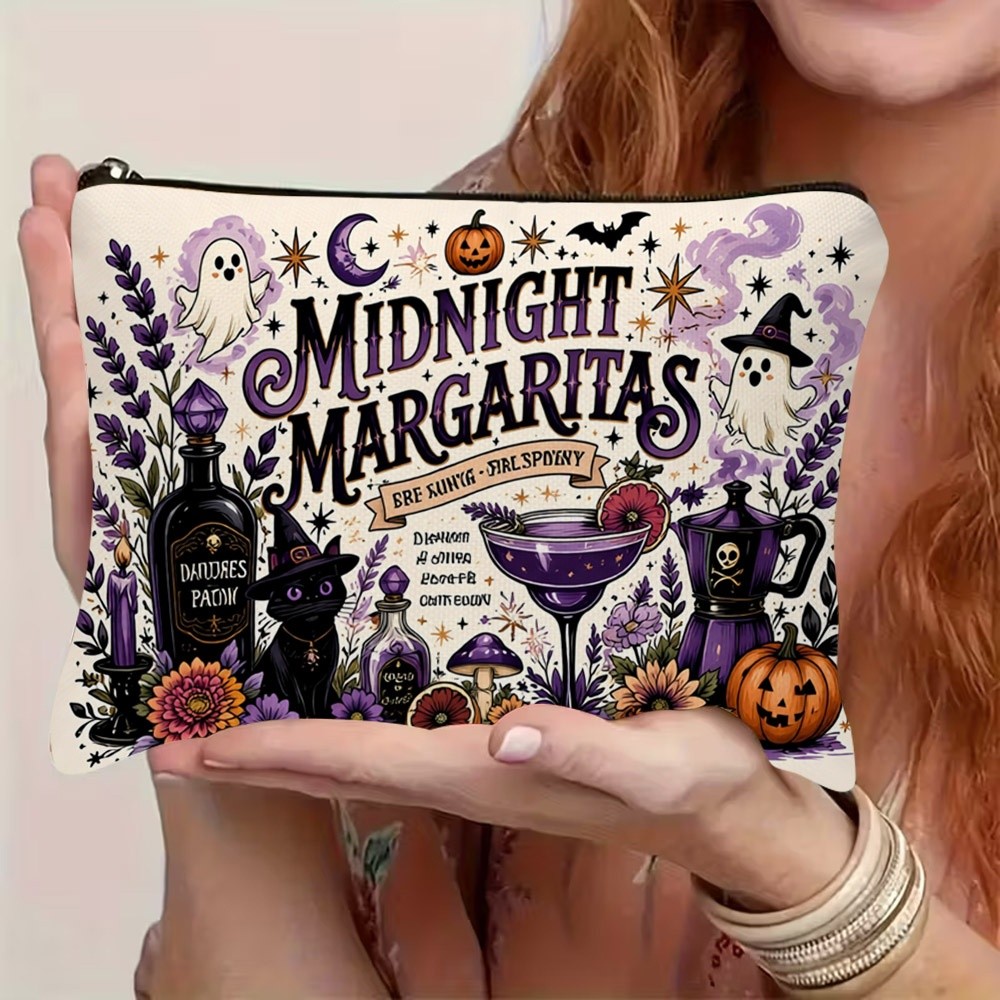 TEMU 1pc 2d Flat Printed Halloween Margaritas Cosmetic Bag, Vintage Spooky Festive Design With , Black Cat, Pumpkin, & , Zipper Closure, Lightweight