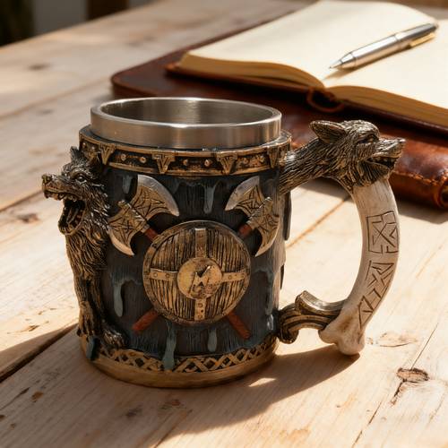 viking wolf head axe mug with stainless steel liner retro metal beer mythology design for men collectors ideal for bar decor home use birthday christmas gift