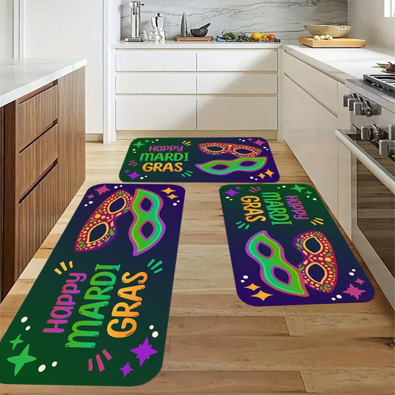 

Mardi Gras Themed Kitchen Rug With Mask Print, Machine Washable, Non-slip, Stain Resistant, Polyester Fiber, 1.1cm For Kitchen, Living Room, Porch, Balcony, And Home Decor - 1pc