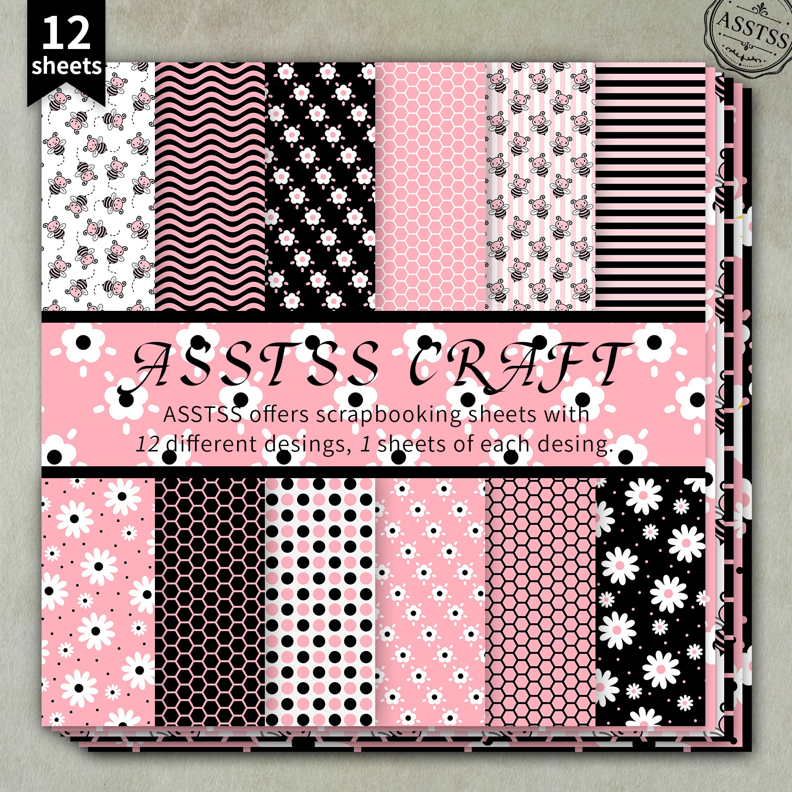 TEMU 12-sheet Asstss 6x6 Inch Scrapbooking Paper Pad, Pink-black Daisy And Bee Pattern Style Backing Paper Supplies, Heavyweight Cardstock For