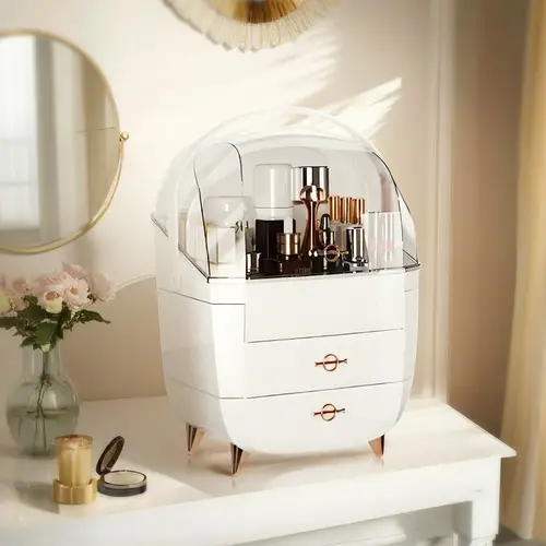 3 tier white high end cosmetic organizer box with drawers brush holder space saving dust proof makeup storage for vanity skincare products and back to school essentials polished expandable design formaldehyde free plastic makeup organization elegant storage design formaldehydefree material makeup organizers storage