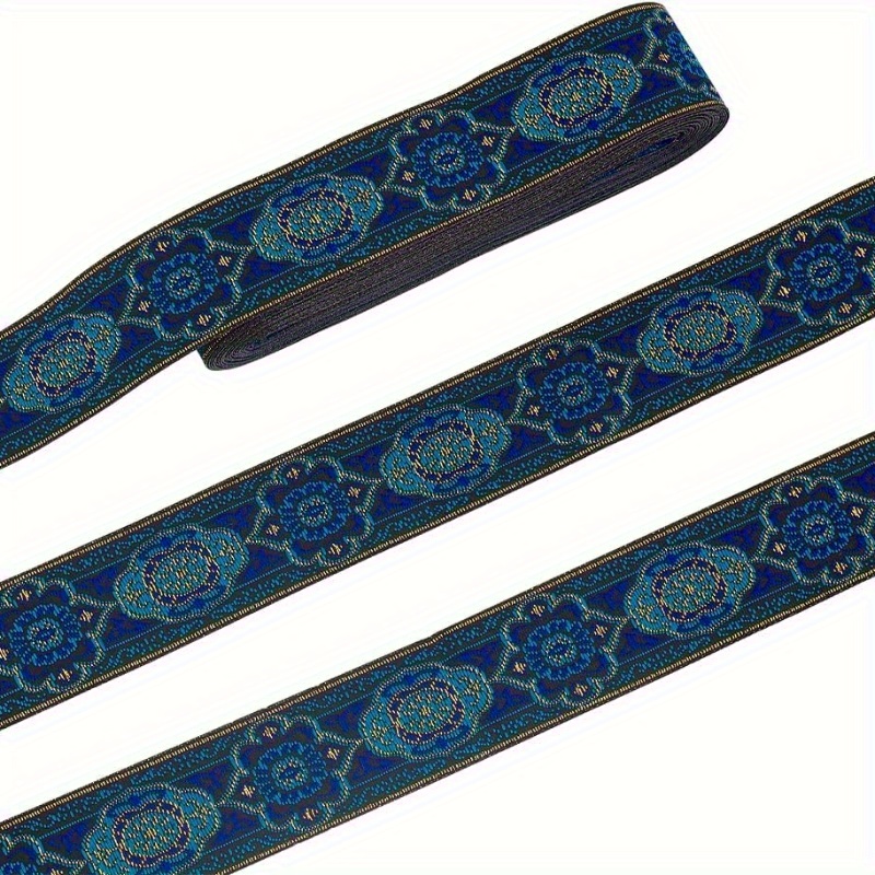 1roll 7m Ethnic Style Embroidery Polyester Ribbons Jacquard Ribbon Garment Accessories Floral Pattern Blue 1-1/4 Inch() Craft Supplies Stickers Handmade Kit