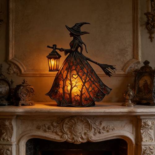 a 3d lamp featuring a witch design halloween this small resin statue serves as a warm table lamp ideal for home decor it can function as a bedside lamp or a decorative piece on a table