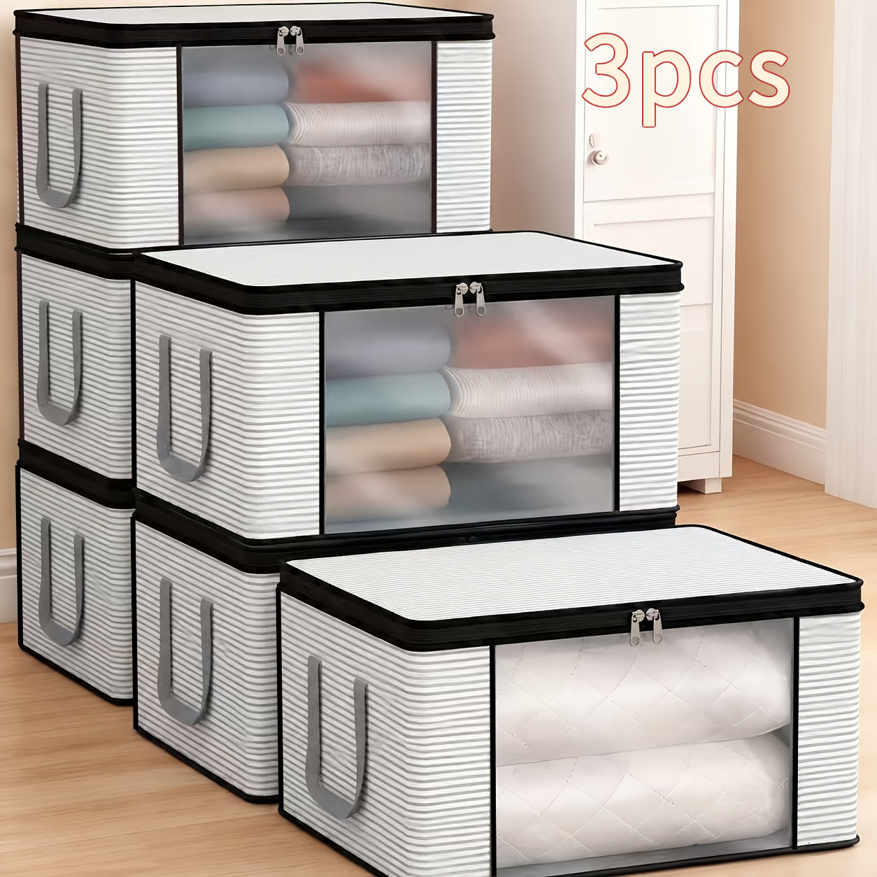 TEMU 3-pack Extra Large Foldable Storage Bags With Clear Windows, Zippered Lids & Reinforced Handles, Grey Striped Clothing Organizers For Bedding,