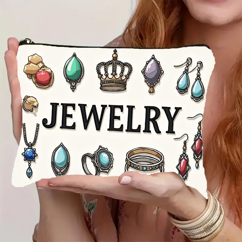 TEMU Lightweight And Portable Zipper Pouch Featuring A Vibrant 2d Cartoon Jewelry Print, Perfect For Organizing Additions For Women And Girls. This