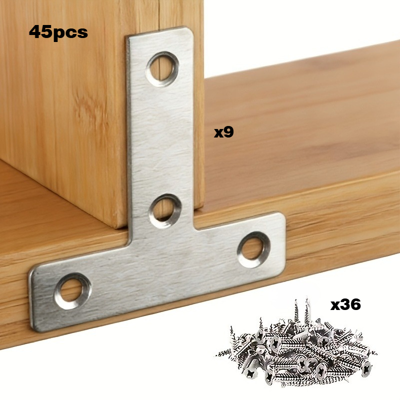 TEMU 45pcs (9pcs + 36pcs) Stainless Steel Corner Brackets, 90-degree Right Angle Brackets, Triangle Brackets, T-shaped Corner Brackets, Stop Hinge
