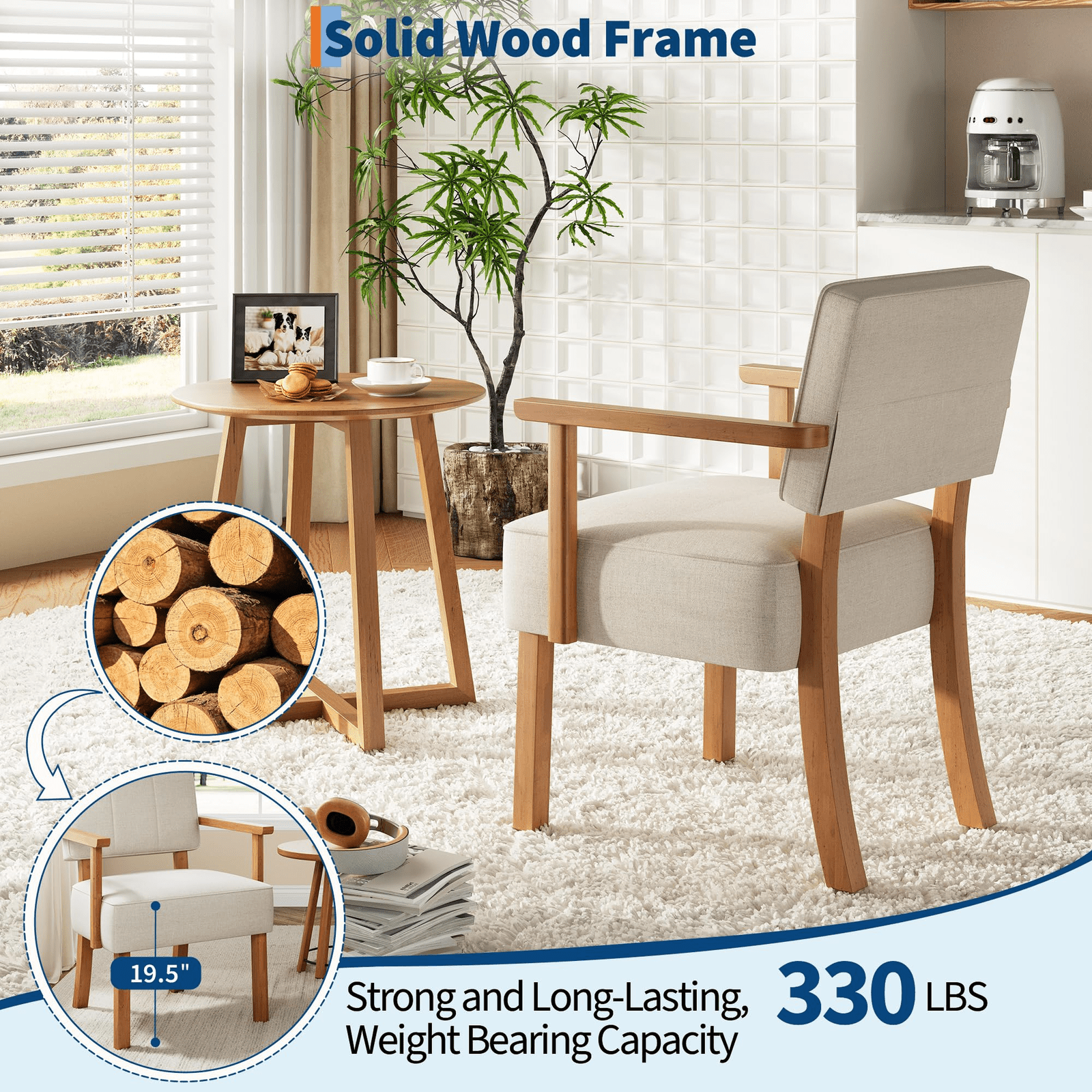 Patio Dining Set, Outdoor Chairs Set Garvee Mid-Century Accent Chair Set of 2 with Wood Frame, Linen Fabric Lounge Arm Chair with Classic Vertical Stripe Reading Leisure Chair for Living Room, Bedroom, Balcony, Beige