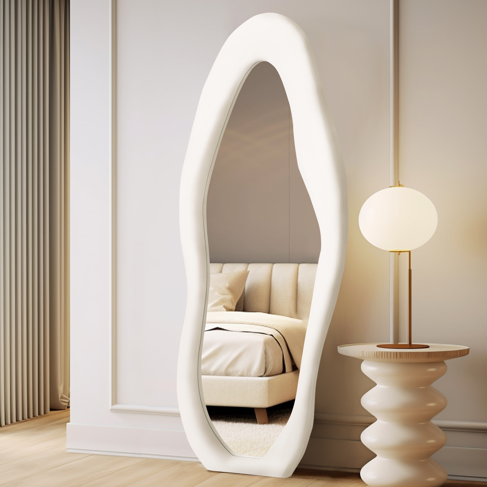 Full Length Mirror With Stand - Cloud Shape Floor Mirror Suitable For Bedroom & Living Room, Luxurious Flannel-wrapped Wood Frame Vertical Mirror With, Full Body Mirror For Dressing Room Or Entryway