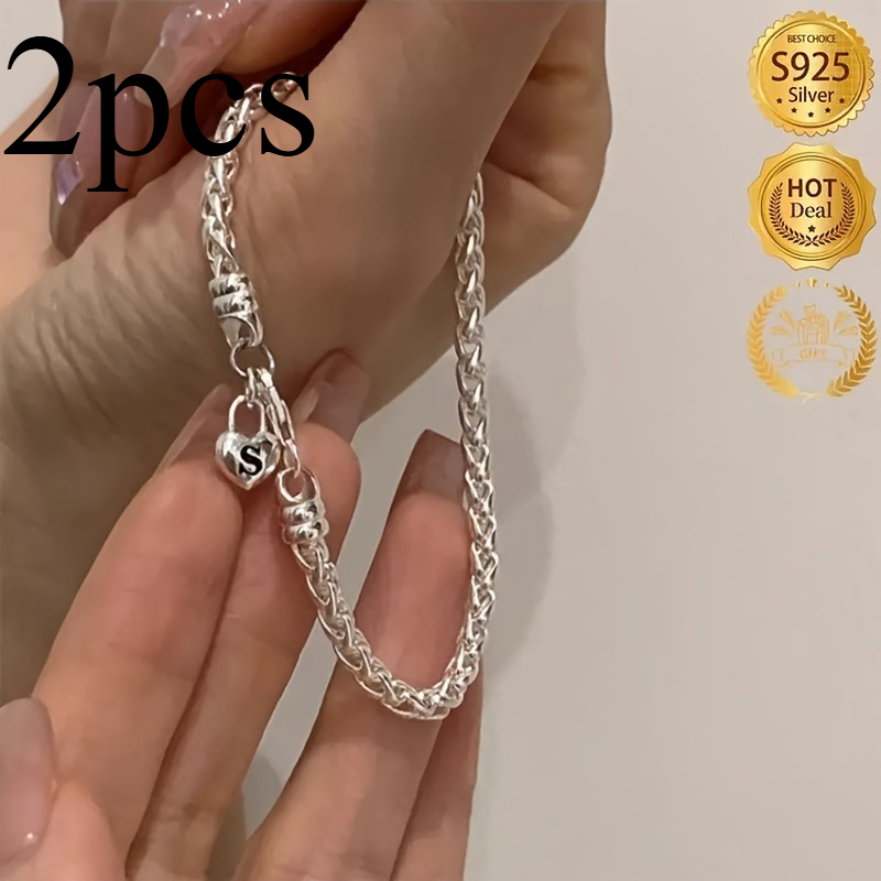 TEMU 2pcs S925 Sterling Silvery Bracelet - Hypoallergenic - Silvery Heart Lock Pendant Bracelet - Exquisite, Simple And Luxurious Jewelry, Equipped