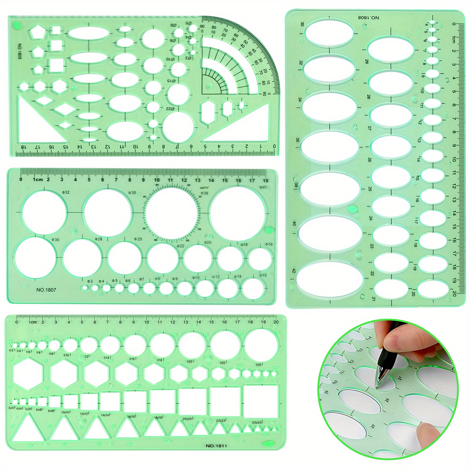 TEMU Plastic Circular Drawing Template Set, Transparent Graduated Measuring Ruler Template With Rounded Corners Drawing And Geometric Digital Drawing