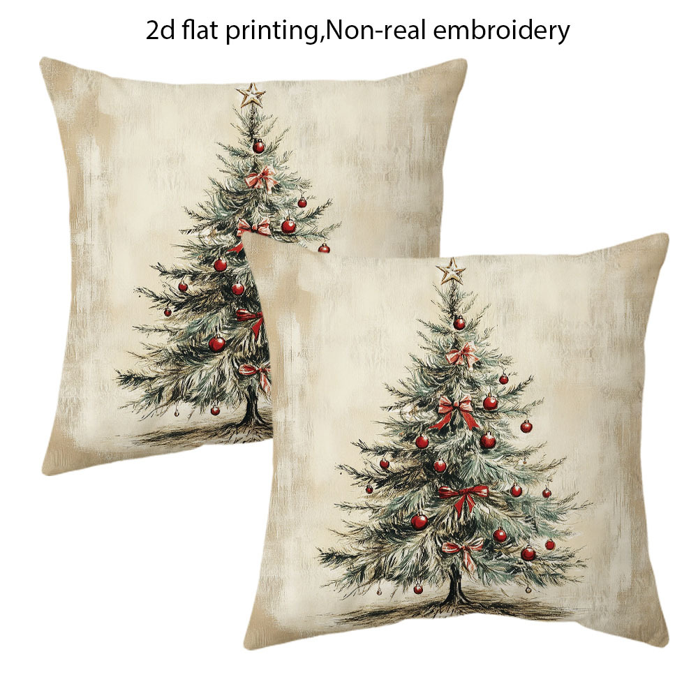 TEMU 2D - Juego de 2 Fundas de Cojín de Árbol de Navidad Vintage de 18X18 Pulgadas - Árboles de Navidad Beige y Verdes con Adornos Rojos y Estampados