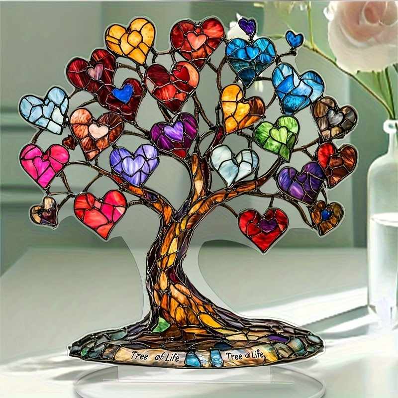 

1pc Art Deco Tree Of Life Acrylic Tabletop Decor - 7" Heart-themed Multipurpose Ornament, English , No Electricity Needed, Ideal For Home, Office & Coffee Bar, Perfect Gift For Women & Family