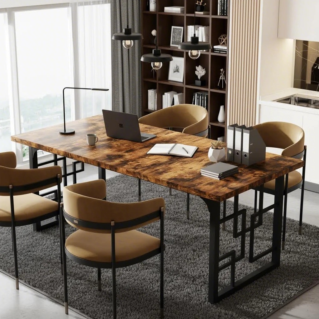 1pc Large Computer Desk 63-inch Wide Modern Industrial Office Desk With Metal Frame & Wood Tabletop - Heavy-duty Workstation Suitable For Office, Meeting Table, Gaming Desk