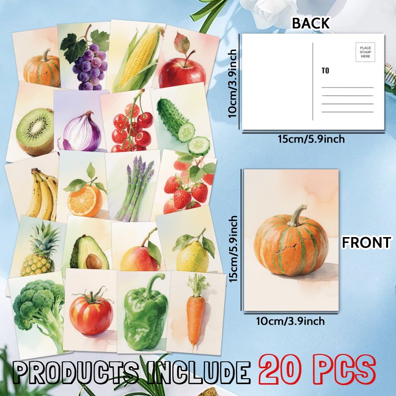E-shop 20 Stück Gemüse- & Obst-Aquarell-Postkarten für alle Anlässe – Personalisierbare Karten aus dickem Papier mit Gemüse- & Obst-Motiven,