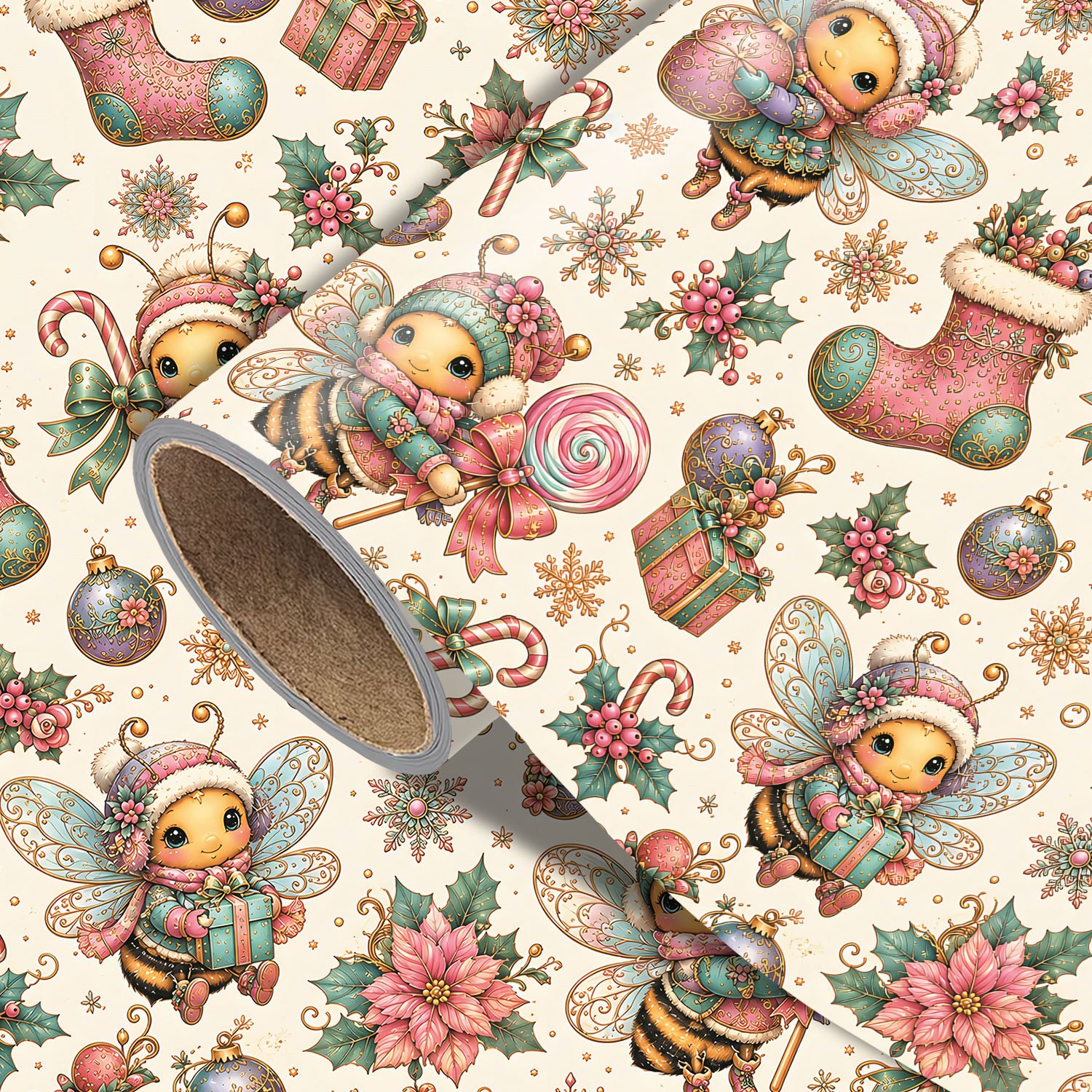 TEMU Funny Christmas Wrapping Paper Roll - Measures 17.7 Inches X 118 Inches, Cute Winter Bee Fairy Print, Wrapping Xmas Gifts, Making Party