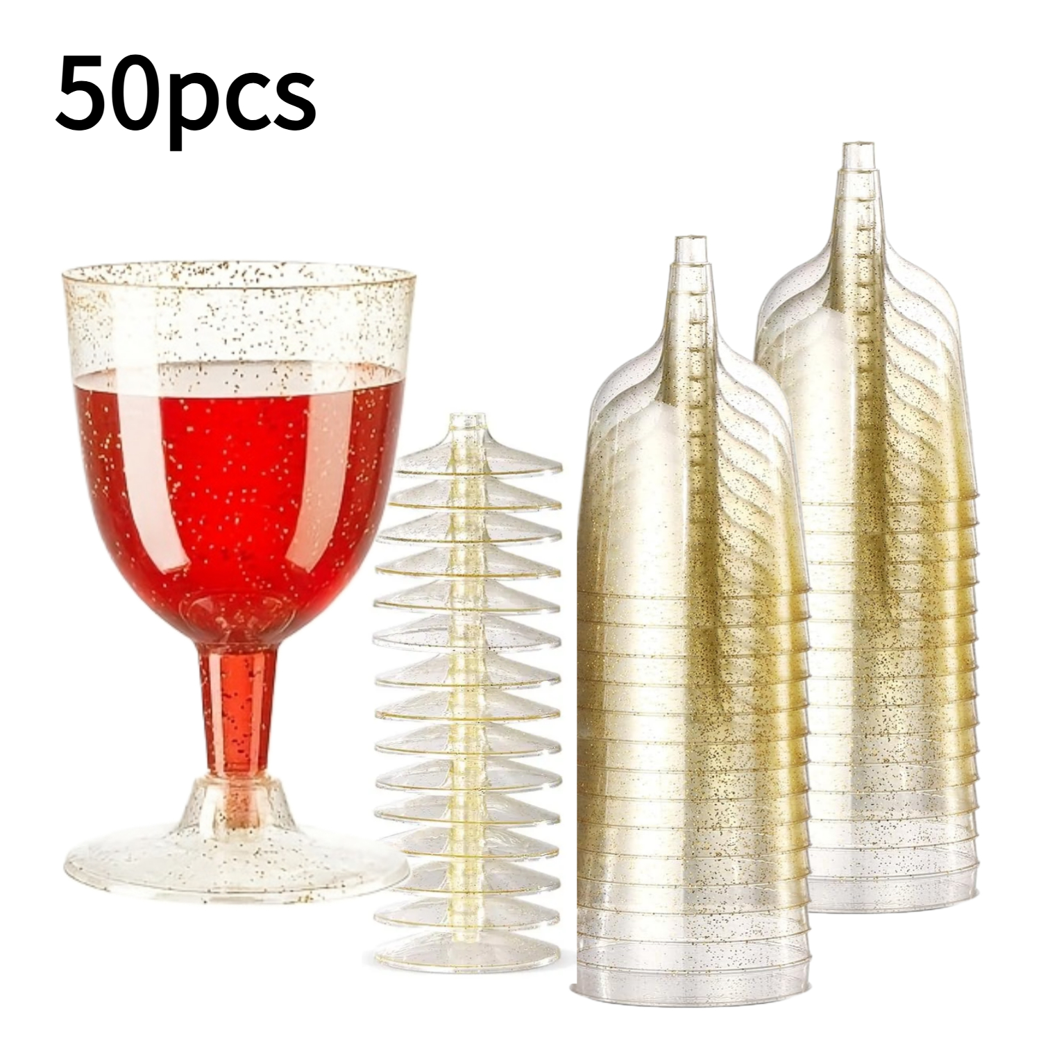 Image of 12/25/50pcs Transparent Golden Sparkle Flutes Party Set - Reusable Stackable Plastic And Martini Glasses, The Best Set Of Supplies For A
