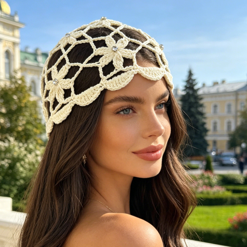 TEMU 1 pièce Nouveau chapeau à fleur ajourée au crochet, de mariée , chapeau décoré de fleurs en strass, chapeau fin tricoté à pour femme pour