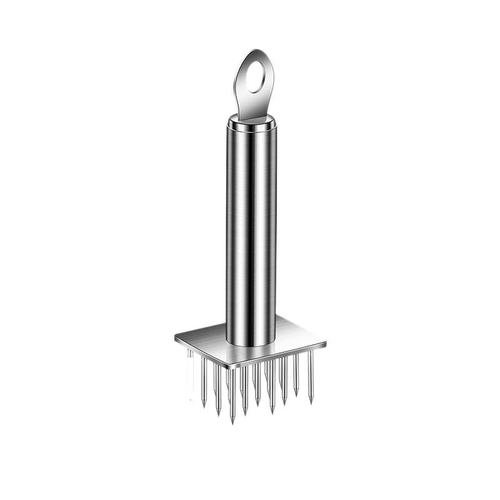 stainless steel meat tenderizer tool with dense sharp needles 304 food grade material cylindrical handle hanging ring square base for kitchen meat piercing and better marinade absorption
