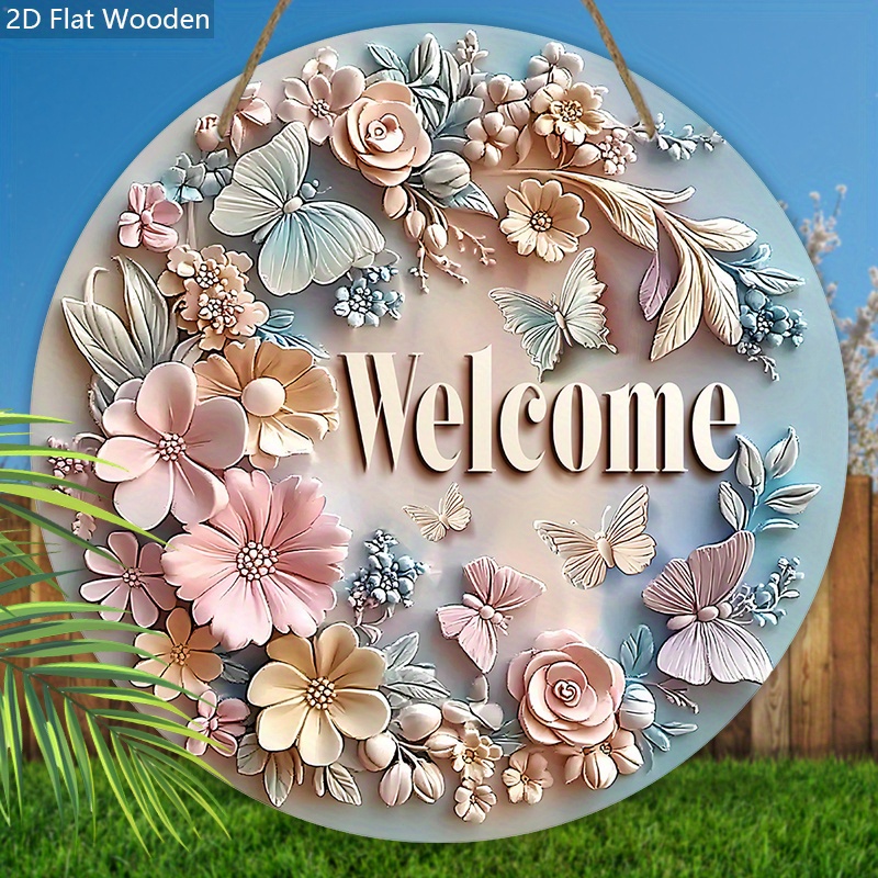 

A Beautiful Flat 2d And On A Pink Wooden Sign - A Single Decorative Plaque Featuring 'welcome' - Perfect As A Round Ornament For Hanging On The Front Door Or Wall, Making It An Decoration.