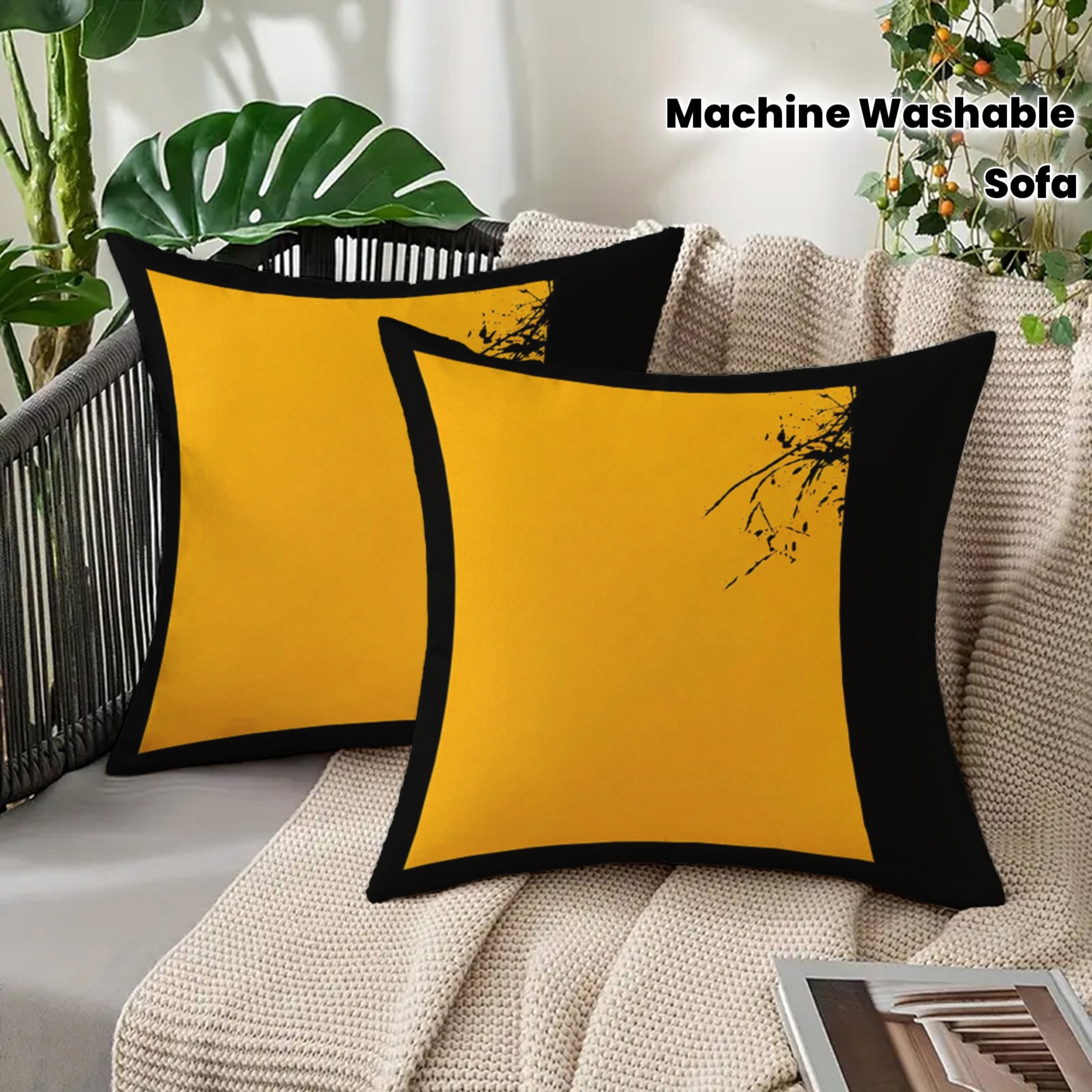 TEMU 2pcs Yellow With Black Border Ink-splatter Print Pillowcases, In Multiple Sizes, 2d Flat Print Design, Single-sided Print , Pillow Inserts Not