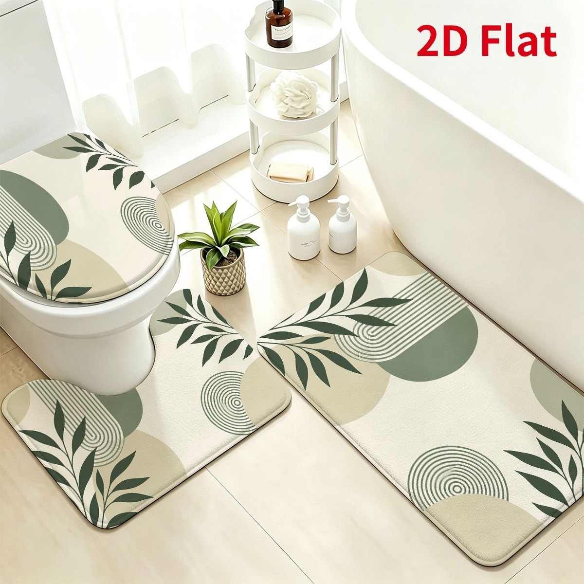 TEMU 2d Flat Printing, 3pcs Flannel Bathroom Anti-slip Mat Set 40 X 60cm Bath Mat And U-shaped Pad And Toilet Lid Cover, Featuring Soft Muted Green