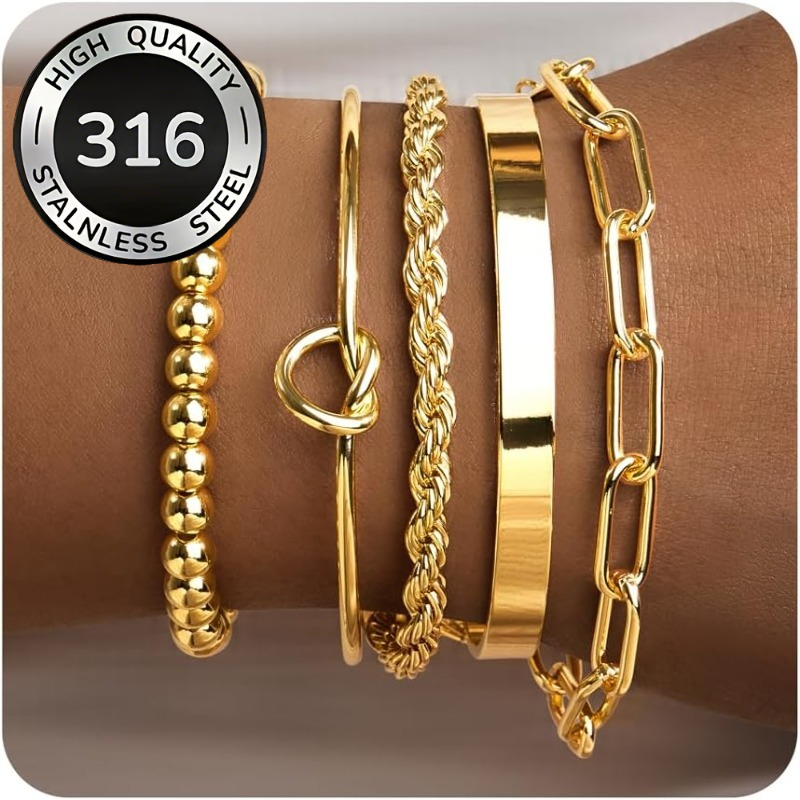 TEMU Women's Anti-tarnish Chunky Chain Bracelet 5pcs Set - Cuban Link, Beaded, Knot Bracelet Stacking Jewelry, Suitable For Daily Wear, Weddings,