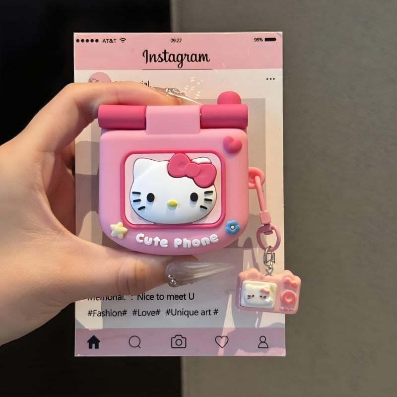 Image of Hello Kitty For With Mirror & Charm - Retro Flip Phone Design For Airpods 1/ 2/ 3/ 4 & Pro/ (portable Makeup Gift For Girls)