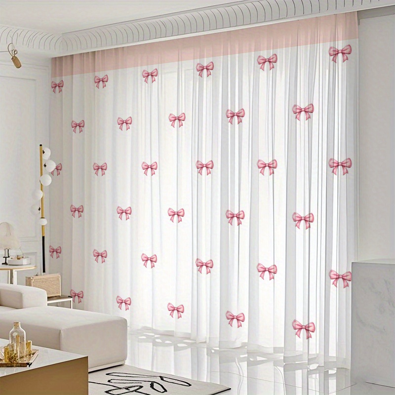 TEMU 2pcs Sweet-style Transparent Curtains With Pink Bow Pattern - Light, Protects Privacy, Features Rod--season , Multi-functional Home Decor,