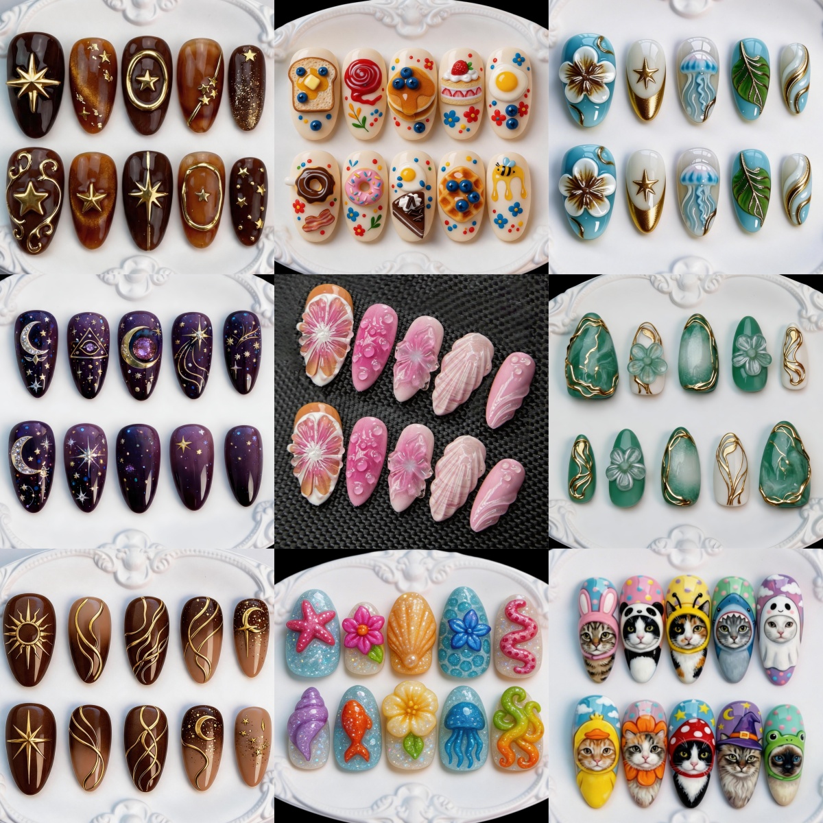 TEMU 10pcs Set Of 3d Embossed Golden-plated Press-on Nails, Shipped With Golden Starburst, Flower, Star, Moon, Shell, Starfish, And Designs.