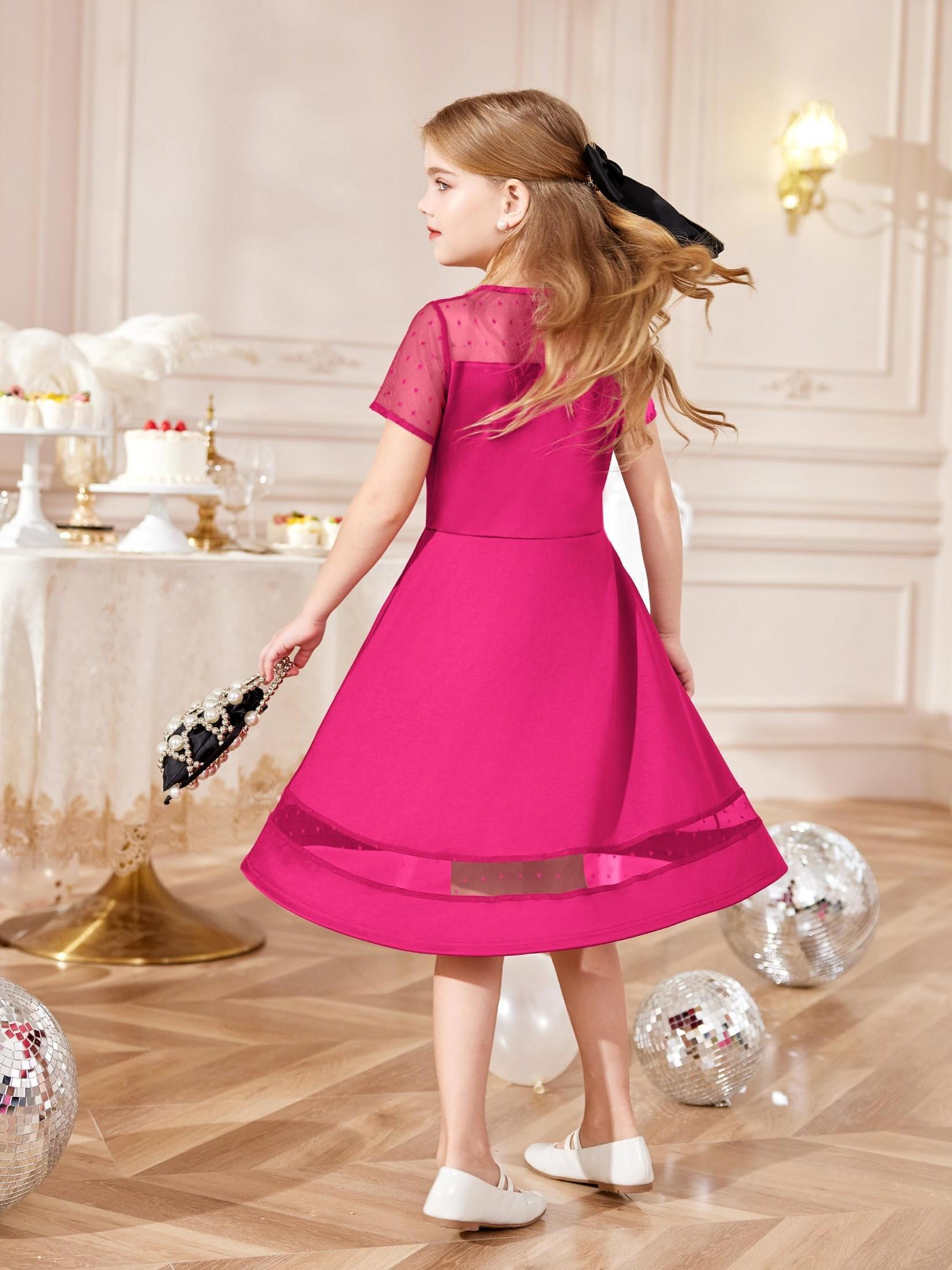 tween girls dress formal contrast mesh short sleeve a line - Temu