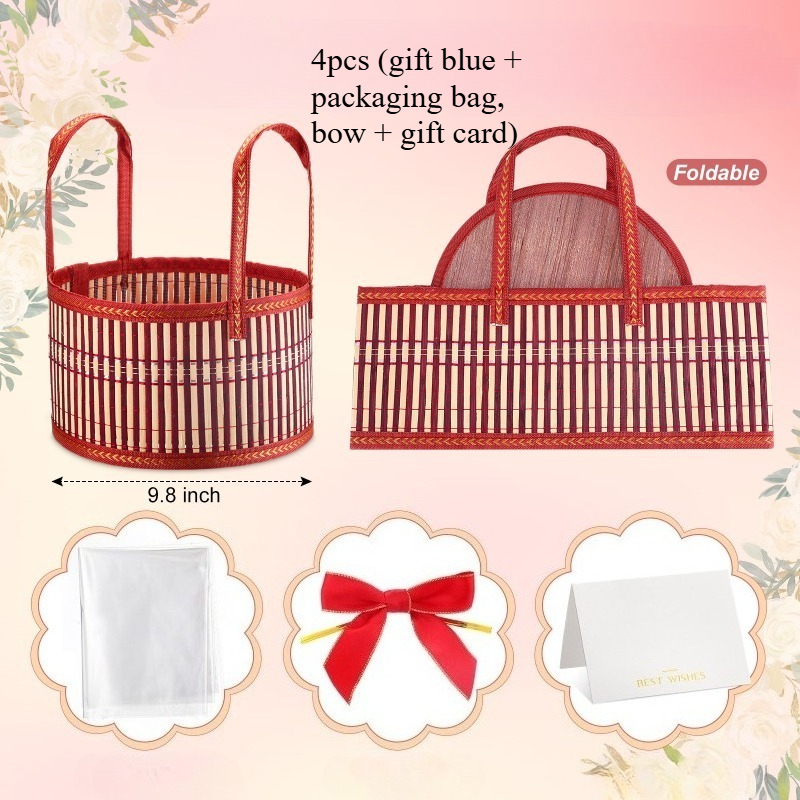 TEMU 4pcs (gift Blue And Packaging Bag, Bow And Gift Card) Gift Basket Blank Batch Large Woven Bamboo Gift Basket Set, Packaging Bag With Handle And