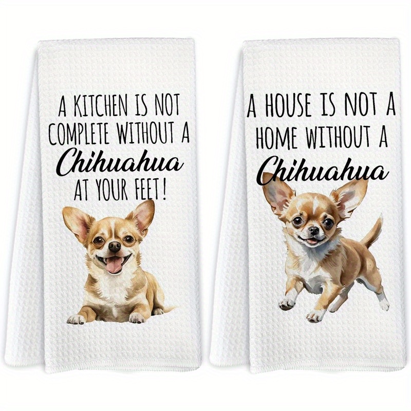 2-pack Chihuahua Kitchen Towels, Soft Polyester Cartoon Towels, Contemporary Style, Machine Washable, Rectangular Weave, Chihuahua Lover Gift Tea Towels For Kitchen