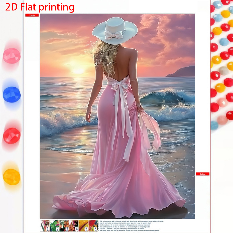 TEMU 1pc Peinture Diamant 2D Plate Cadre Plage Robe Rose Vue Arrière Kit de Peinture Diamant Artisanat Mosaïque, Toile de Haute Qualité, Diamant