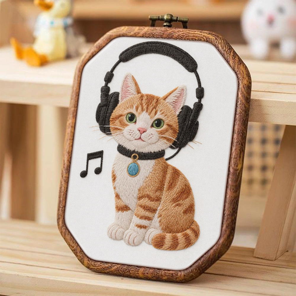 Octagon Embroidery Kit with Fluffy Kitten Design