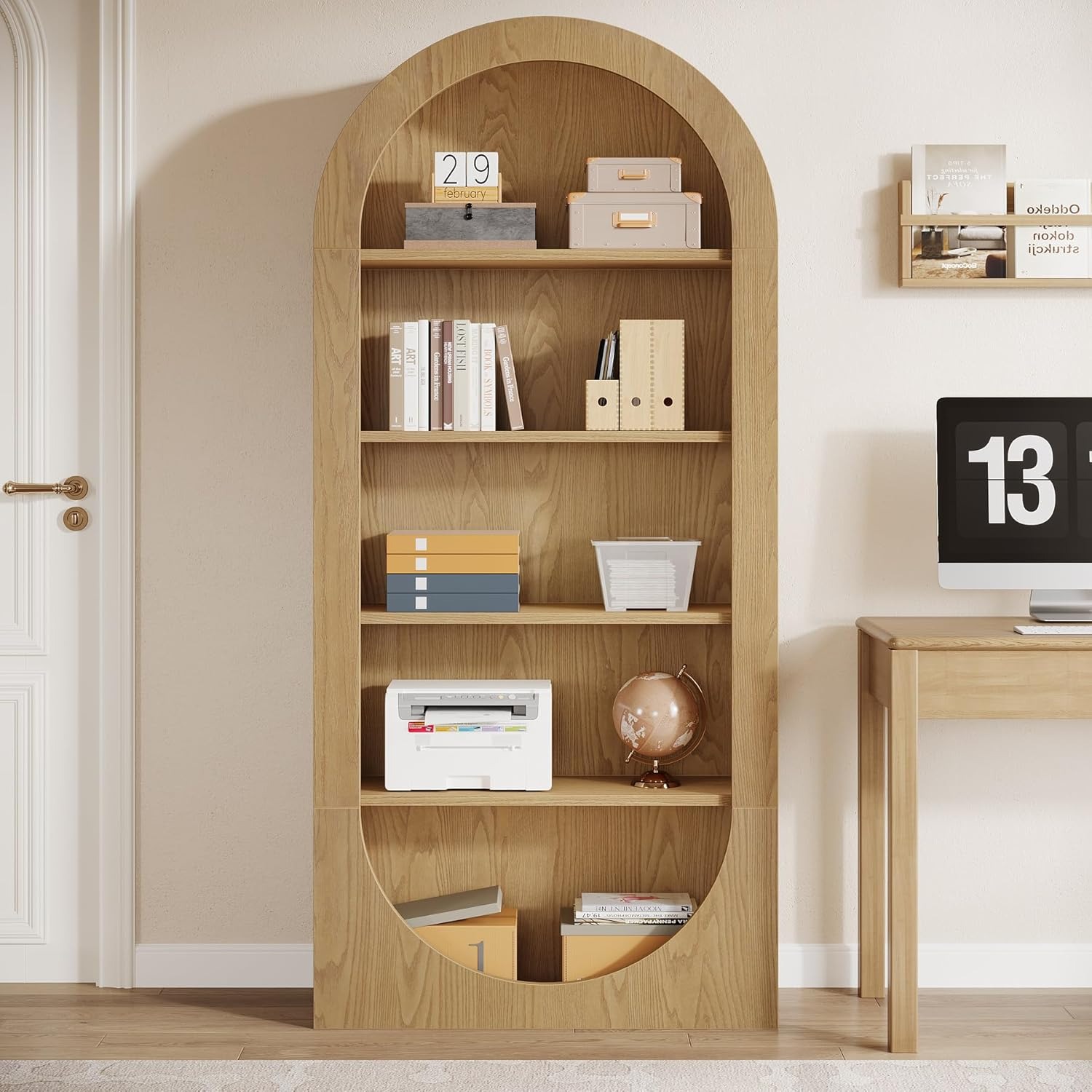 A 70.9-inch Tall Bookshelf Featuring A 5-tier Arched Design With Open Shelves, Made Of Wood, Perfect For Displaying Items And Providing Storage In Your Living Room, Home Office, Or Bedroom