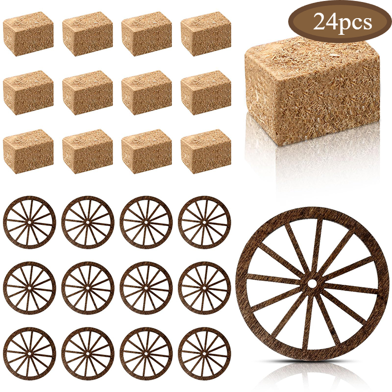 TEMU 24pcs Mini Western-themed Decoration Set - Includes 12 Mini Hay And 12 Mini Western Horse Cart Wheels, Bulk, Western Cowboy Style Decorations,