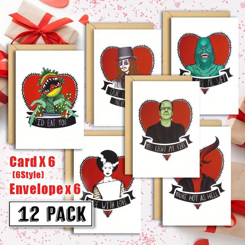 

12pcs Classic Horror Movie Lover Valentine's Day Cards With Envelopes - Husband, Wife, Boyfriend, Girlfriend | Blank Notecards Set