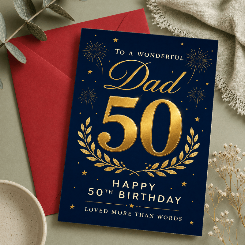 TEMU Dad's 50th Birthday With This Elegant Golden And Navy Cardâfeaturing Fireworks, Wreaths, And The Message " Words"âperfect For Honoring A Fath