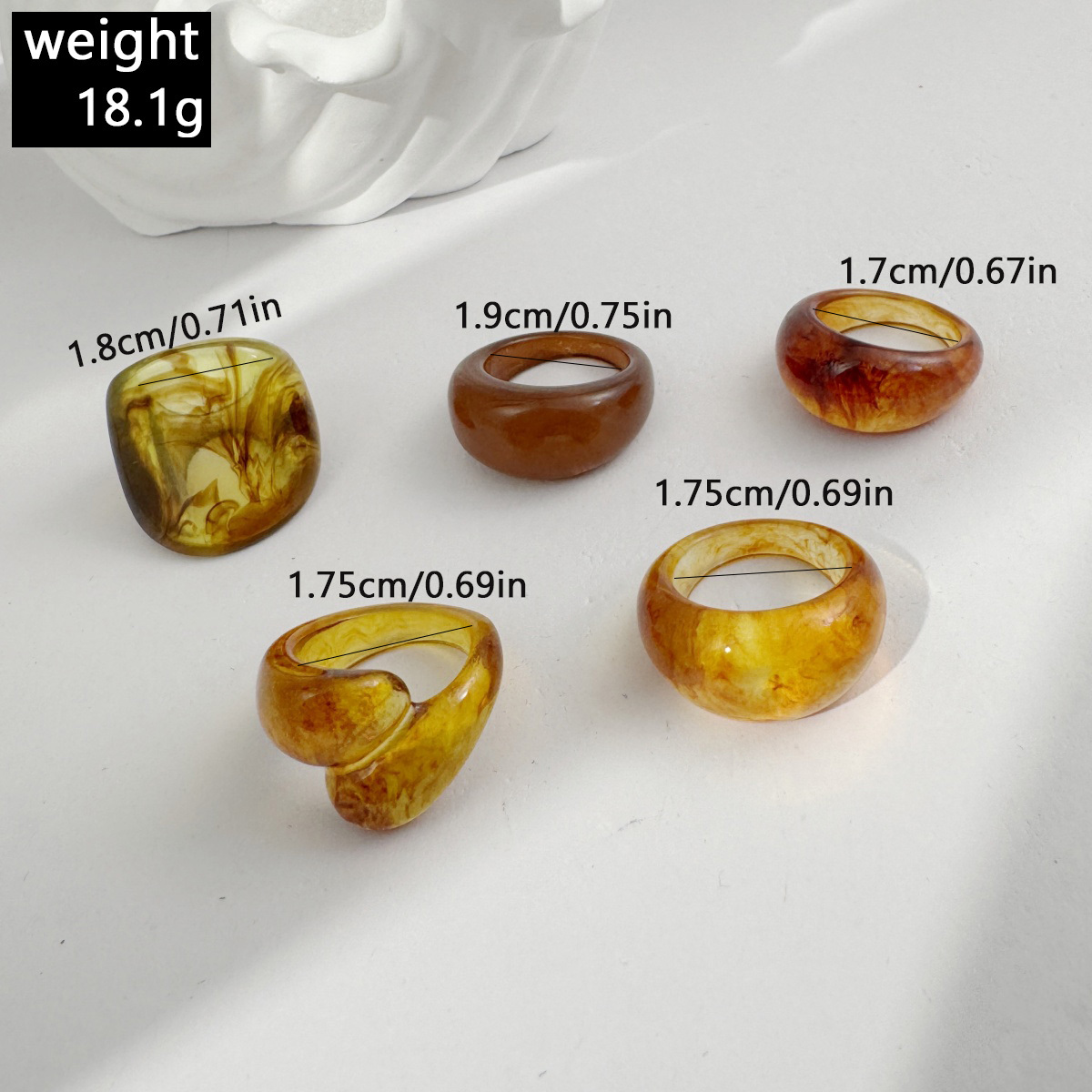 5pc Retro Imitation Amber Dyed Resin Ring Set