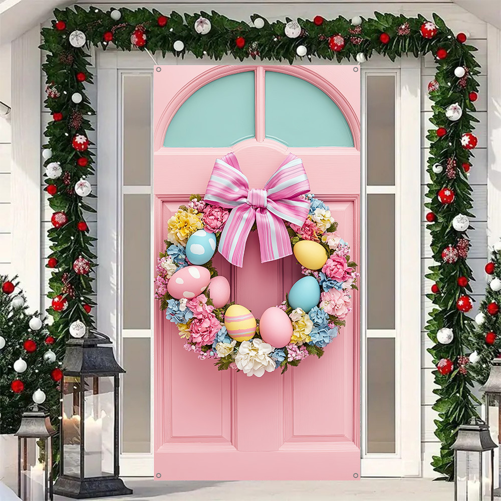 

1pc Easter Door Wreath With Bow - Polyester Spring Decor, No Electricity Needed, Home Entrance Ornament For Holiday & Birthday Parties, 35.4" X