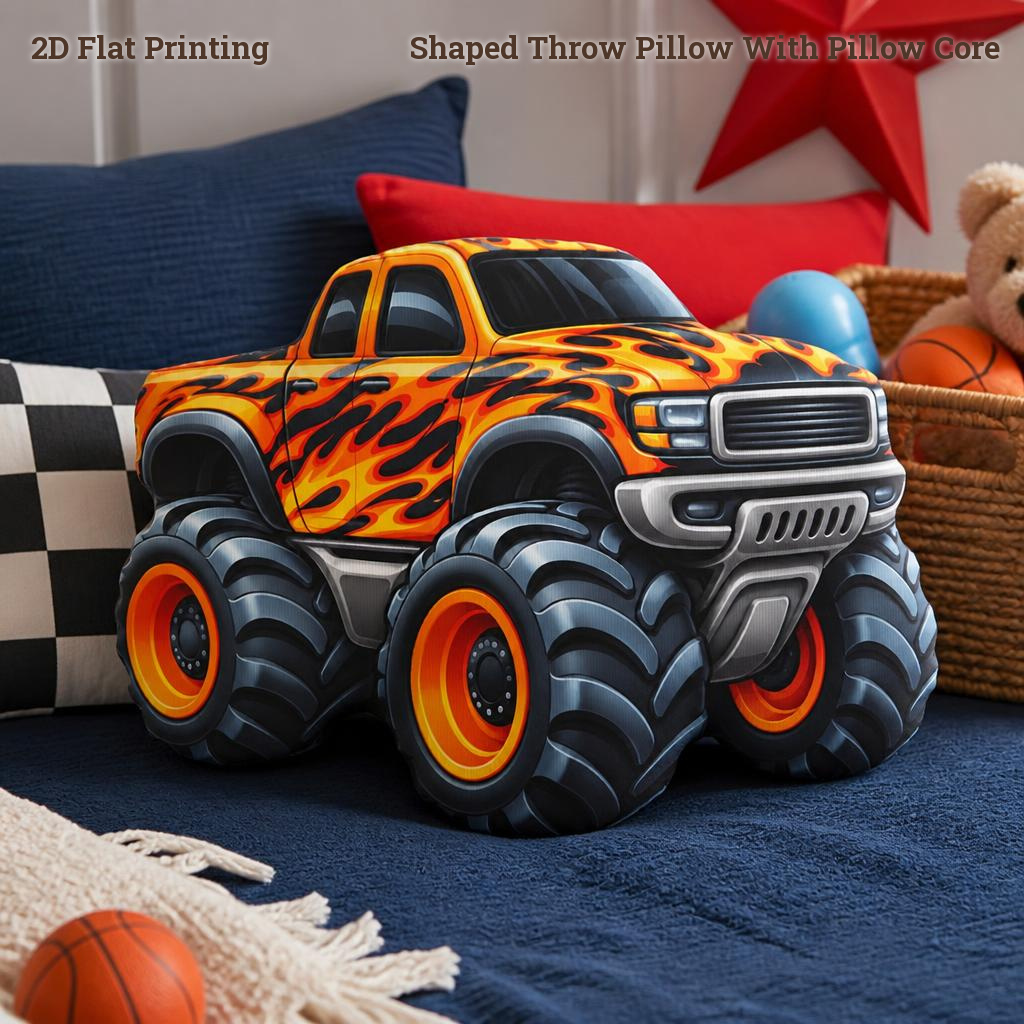 TEMU Orange Black Flame Monster Truck Gift For Truck Fans 2d Flat Printing Shaped Stuffed Throw Pillow, Sofa Bedroom Living Room Decor For Office And