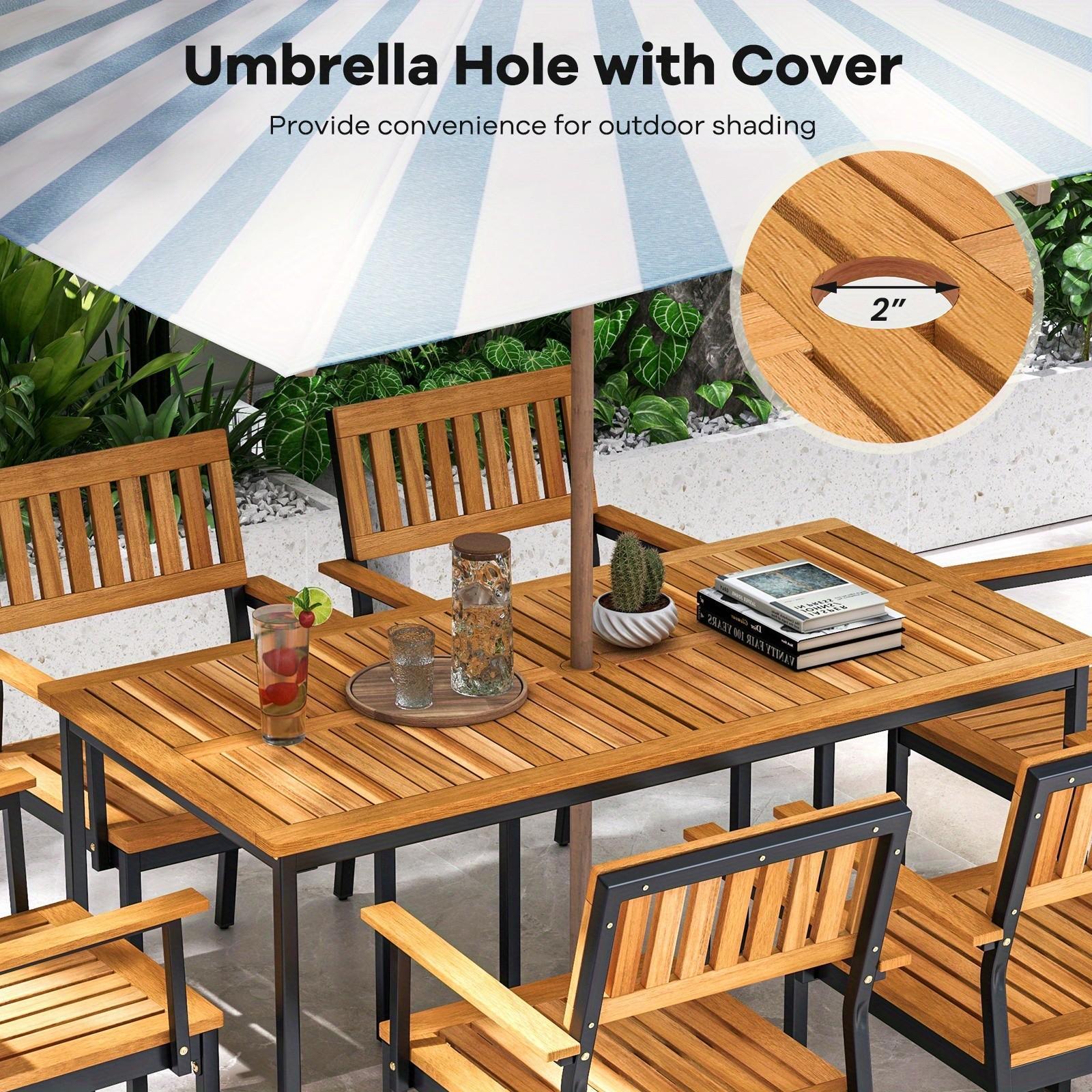   acacia wood dining table for 6 people 55 inch rectangle patio table with slatted tabletop metal frame umbrella hole outdoor dining furniture for yard garden poolside