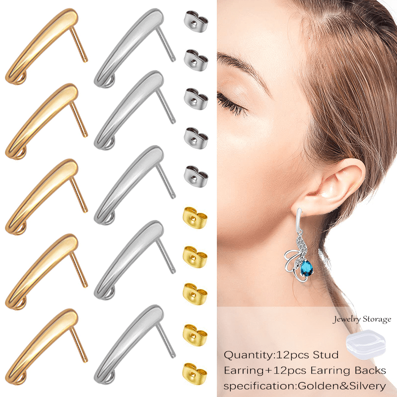 TEMU 10 Sets/12 Sets (10/12pcs Clous + 10/12pcs Embouts de Boucles d'Oreilles) Clous Longs en Acier Inoxydable Doré/Argenté, - d' de Suspension avec
