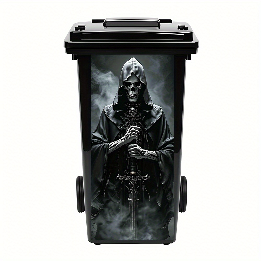 1pc Dark Reaper With Sword Trash Can Sticker – Waterproof, Easy-remove, Fantasy Horror Design, Mysterious Vibe, For Bin Decoration, Detail – Size 12.2 X 27.