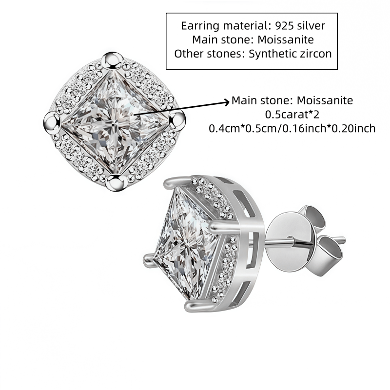 925 Silvery 0.5 Carat*2 Princess Cut Moissanite Classic Fashion Versatile Hypoallergenic Stud Earrings, High-Quality Unisex Couple Earrings Suitable for Daily Wear, Weddings, Vacations, Dates, Gatherings, Banquets, Parties, Mother's Day, Father's Day