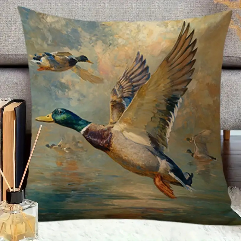 TEMU 1pc Mallard Duck Flying Over Water Pillowcase - Realistic Flying Ducks & Mallard , Green/brown/golden/blue Tones, Zipper Closure Cover For