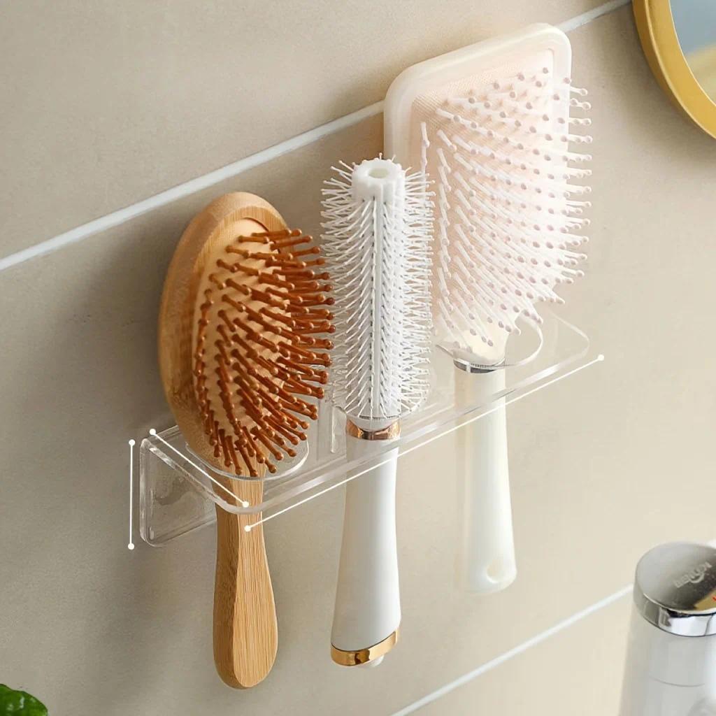 TEMU 1 organizador de baño acrílico transparente para pared - Estante de almacenamiento sin taladro para cepillos de pelo, peines, artículos de