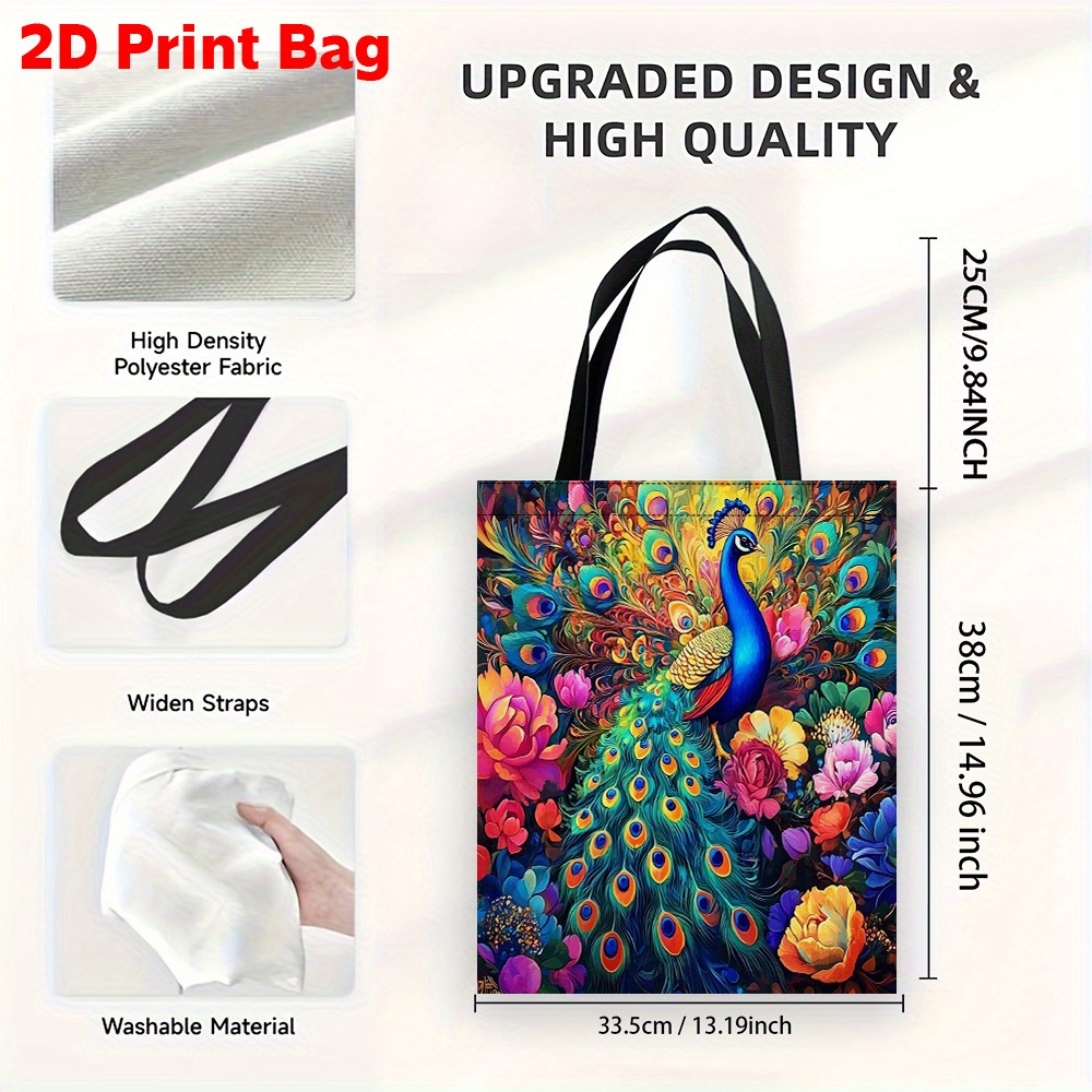 TEMU 1pc Vibrant Peacock & Floral 2d Print Tote Bag – Colorful Multi-functional Handbag With Black Shoulder Straps, Casual & High-quality Use, Casual