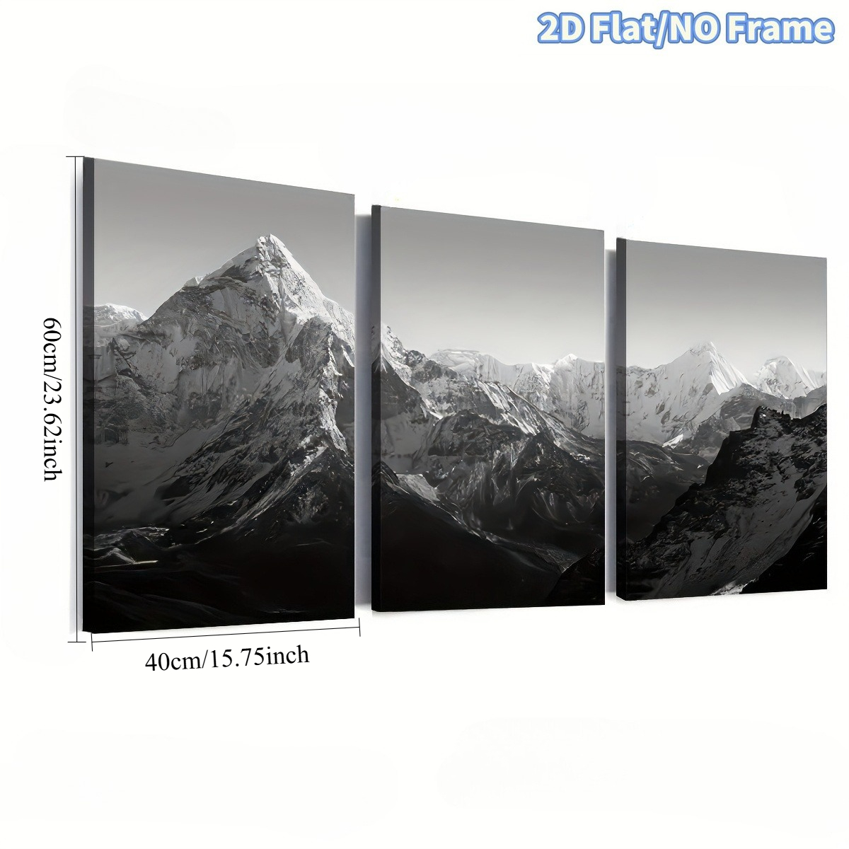 TEMU 2d Flat, 3pcs Set Of 2d Frameless Black And White Landscape Art Prints Featuring Natural Snowy Mountains, For Home Decor, Wall Art, Room, Living