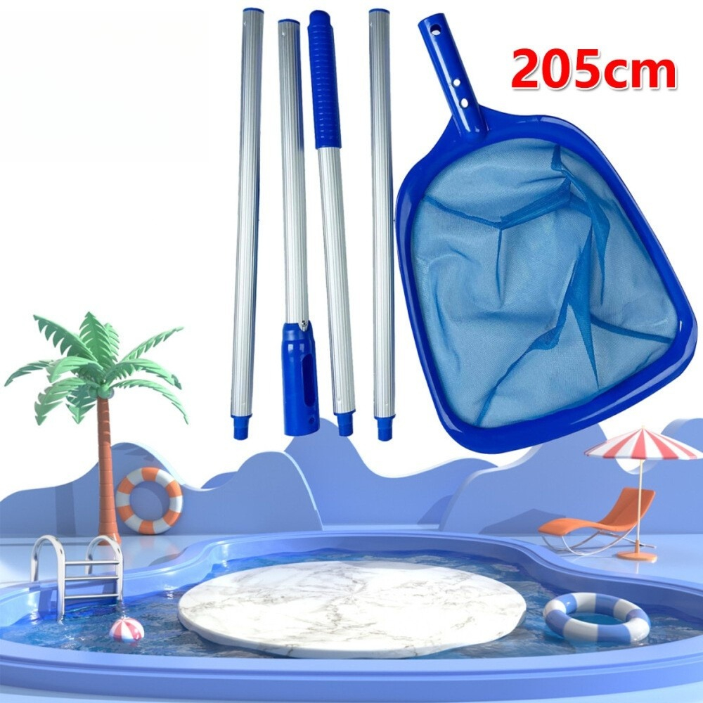 A Blue, Pool Skimmer Set Designed For Cleaning Water Features And , Including A Leaf Skimmer And A Detachable Aluminum Pole